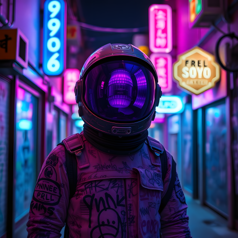 Astronaut in Neon City Alley