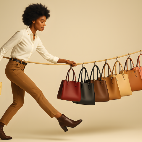 alancing Fashion: Woman Walking Tightrope with Designer Handbags