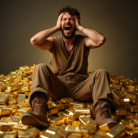 Despair in Wealth: Man in Rags Sitting on a Mountain of Gold