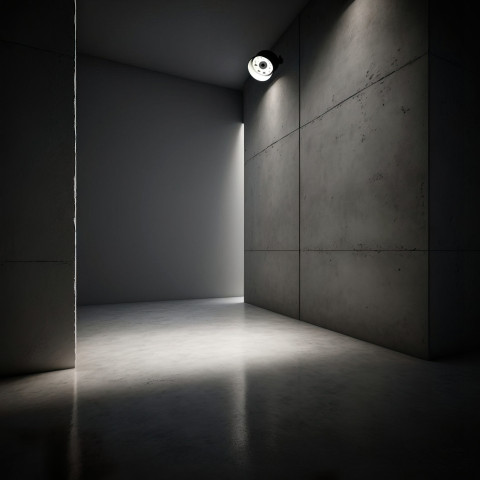 Cold Concrete Corridor: Photorealistic Illustration with Wall-Mounted Spotlight