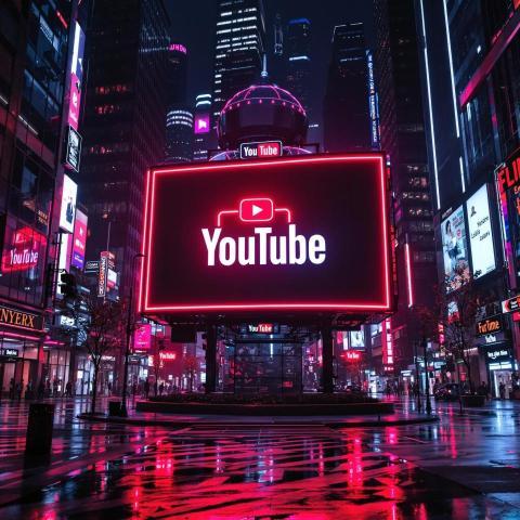 Neon YouTube Logo in Cyberpunk City