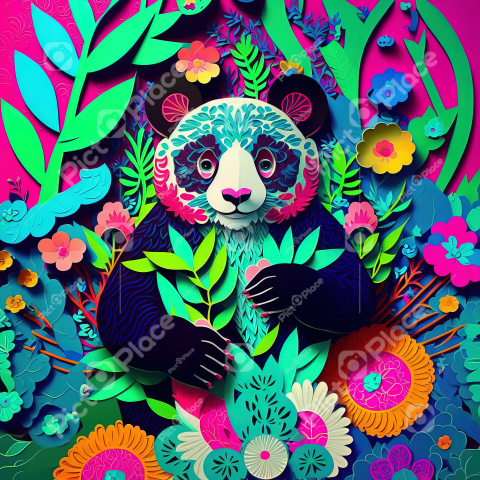 Panda in paper cut drawing having fun in the middle of the enchanted and multicolored forest.