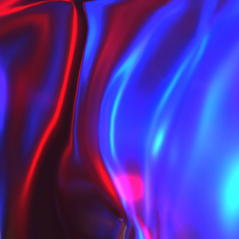 Beautiful red-blue liquid abstract background with metallic reflection and light refraction. 3D illustration, 3D rendering.