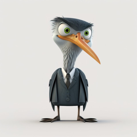 A cartoon heron dressed in a boss suit