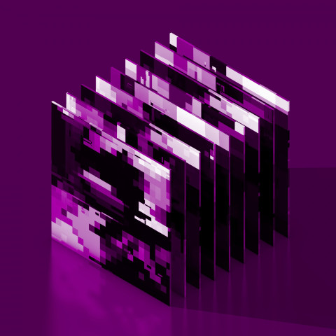 Digital pixels or glitches in the form of square thin purple-colored files are located at a distance in an isometric view with a shadow