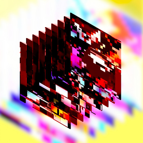 Digital color pixels in the form of square thin files are located at a distance with a rainbow background like defragmentation, a data cluster or a virus that infects data