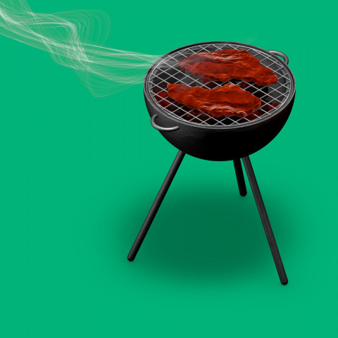Grill with a smoke on a green background with two juicy steaks. 3D illustration, 3D rendering