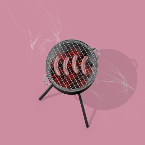 Grill with smoke on a pink background with four sausages. 3D illustration, 3D rendering