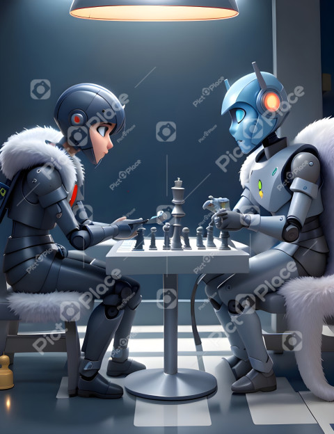3D Animation Style A futuristic robot plays chess with his mg