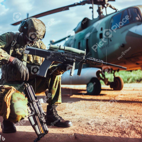 Helicopter and soldier