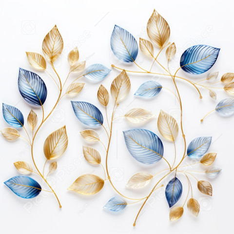Golden and blue tree leaves on white background  1