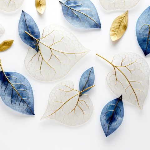 Golden and blue tree leaves on white background  3