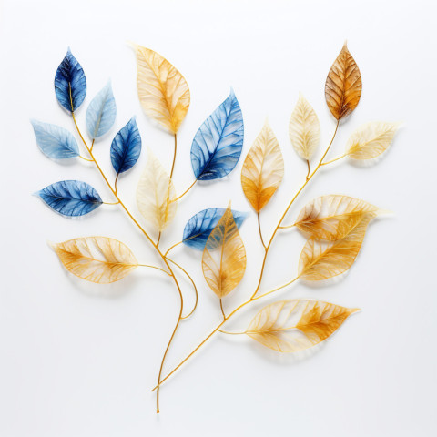 Golden and blue tree leaves on white background  4